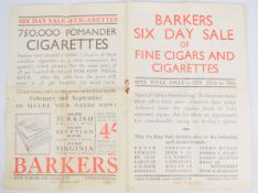 Barkers promotional sales pamphlet 'Six Day Sale of Fine Cigars and Cigarettes' circa 1920s, John