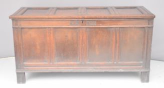 Antique oak panelled coffer, W 143 x D 52 x H60.5cm