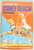 Vintage Coney Beach, Porthcawl pleasure beach railway or similar travel poster, depicting a girl
