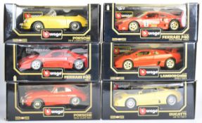 Six Burago 1:18 scale diecast model sports cars to include Ferrari F40 1987, Porsche 365B Coupé 1961