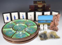 A collection of mainly Chinese items including cloisonné box, jade or similar hardstone dishes,