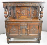 Oak court cupboard with turned front supports and three various cupboards W108 x D43 x H125cm