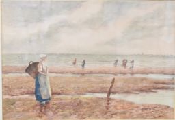 Hutton Mitchell (1872-1939) watercolour beach scene with nets being drawn in and lady with basket in