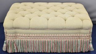 Victorian style upholstered footstool with buttoned top and tasseled fringe, L122 x W86 x H47cm