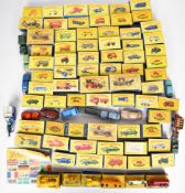 Fifty six Matchbox Lesney and Moko Lesney diecast model cars to include Ambulance 14, Bulldozer