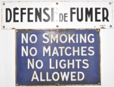 Two No Smoking vintage signs, one French enamel example 15 x 60cm, the other English, 30.5 x 46cm