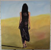 Jason Liosatos (contemporary British Devon artist), acrylic on canvas woman walking on a beach,