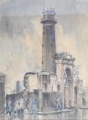 Watercolour study shot tower and Lion Brewery Waterloo, London after the Blitz WW2, monogramed TW