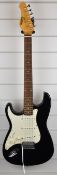 Encore Stratocaster style left handed electric guitar with black and white body, in soft case