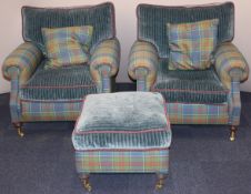 Pair of Victorian style upholstered armchairs and matching footstool, with cord cushions and rope