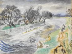 Henderson Hall (RWS RE 1906-1983) watercolour rowing scene with angler and horse rider, entitled