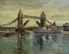Trudy Doyle (Canadian born 1923) oil on board Tower Bridge, London, ship passing along the river,