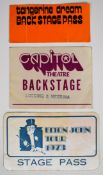 Three backstage pass stickers for Elton John Tour 1973, Tangerine Dream and Loggins and Messina at