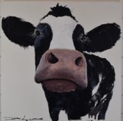 Jason Liosatos (contemporary British Devon artist), acrylic on canvas portrait of a cow, signed