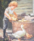 H. Jacob oil on canvas child with duck and ducklings, signed lower right, 60 x 50cm, in gilt and