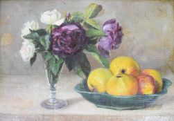 19th / 20th century oil on canvas still life of fruit and flowers, signature indistinct, in ornate