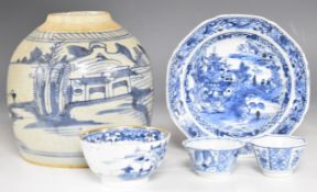 Five pieces of Chinese blue and white ceramic including a ginger jar (16cm tall), tea bowls etc,
