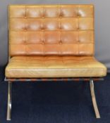 Mies van der Rohe reproduction Barcelona chair with chrome frame and buff leather upholstery,