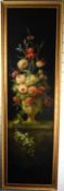 Pair of large oil on board still life studies of flowers in vases, in gilt frames, 202 x 63cm