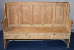 19thC pine settle with panelled back, width 162 x height 112cm