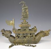 Chinese spinach jade / jadeite or similar hardstone model of a junk, length 38cm