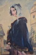 19th or early 20th century watercolour portrait of a lady, signed lower left R.E. Hill, 35 x 23cm