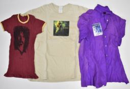 James Taylor VIP purple shirt with 'Cardiff' in marker pen, further T-shirt and a ribbed Frank Zappa