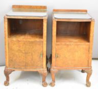 Pair of Art Deco walnut veneered bedside cabinets raised on scroll feet, W43 x D42 x H78cm