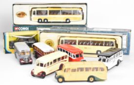 Nine Corgi diecast model buses and coaches to include Bedford Val Smiths Tours 35304 and Bedford Val