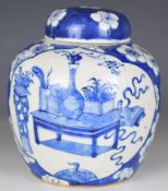 Chinese 19thC ginger jar with blue and white decoration of objects on a table and four character