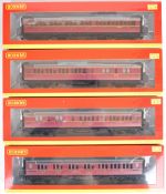 Four Hornby 00 gauge model railway BR maroon Collett coaches, all in original boxes