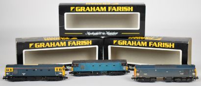 Three Graham Farish N gauge model railway diesel locomotives comprising Class 25 and two class 33,