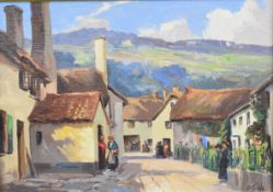 Alexander Carruthers Gould (1870-1948) oil on board Porlock High Street, Somerset, with figures