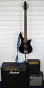 Ventura bass guitar and three guitar amplifiers comprising G10 Mk.II, Fender 15G and Marshall MG