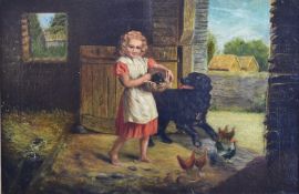 19th century oil on canvas girl in a stable carrying a puppy in a basket with the mother following