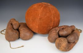Vintage 6lb leather medicine ball and two pairs of leather boxing gloves