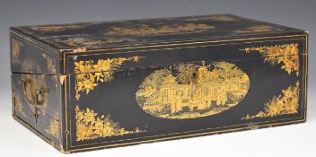 Chinese lacquer writing slope with gilt decoration and drawers to each end, 42.5 x 15 x 25cm
