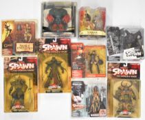 Nine McFarlane Toys action figures to include Spawn characters and related titles, all in original