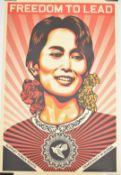 Shepard Fairey Obey (b 1970) Aung Sab Suu Kyi 'Freedom To Lead, Democracy in Bruma' signed screen