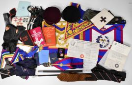 Large quantity of Masonic regalia, two part staff, hats with badges, jewels, apron etc
