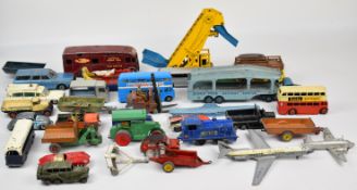 Over thirty loose Dinky diecast model cars and trucks to include Routemaster Bus, SRNG Hovercraft,