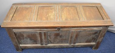Antique panelled oak chest, W143 x D47 x H72cm