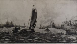 Dutch etching dockland scene with sailing and steam ships, indistinctly signed lower right