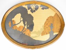 The Rowley Gallery, Arts and Crafts marquetry panel garden landscape, with original label verso