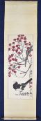 Chinese early 20thC scroll painting with magpie and cherry blossom decoration, 173 x 47cm.