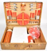 Retro picnic set, the case marked Warren, Worcester Mass, the red plastic plates marked Hemcoware