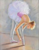Salvatore Rodriguez (Italian, born 1957), oil on canvas ballerina tying her shoes, signed lower