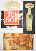 Four vintage and retro printed tin advertising signs comprising J Lyons Bev, Red Band cigarettes,