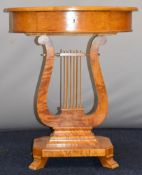 Satinwood or burr wood work or side table with single drawer and lyre support, W61 x D44 x H72cm