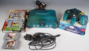 Nintendo N64 retro games console clear blue edition with controller, power supply, leads and four